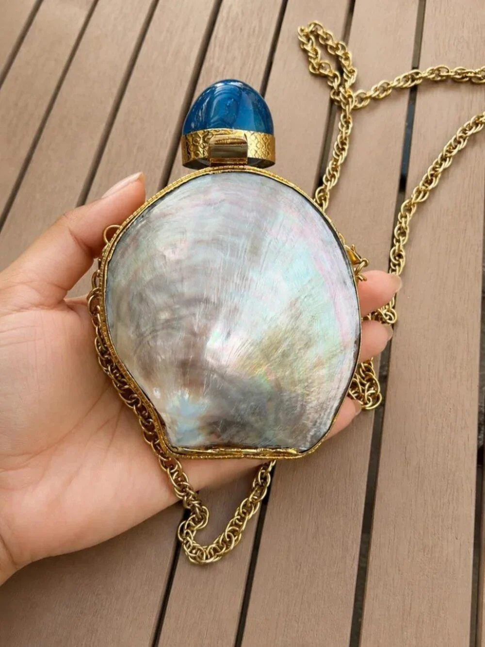 Natural Mother of Pearl Shell Mini Clutch Bag Blue Stone Gold Chain
